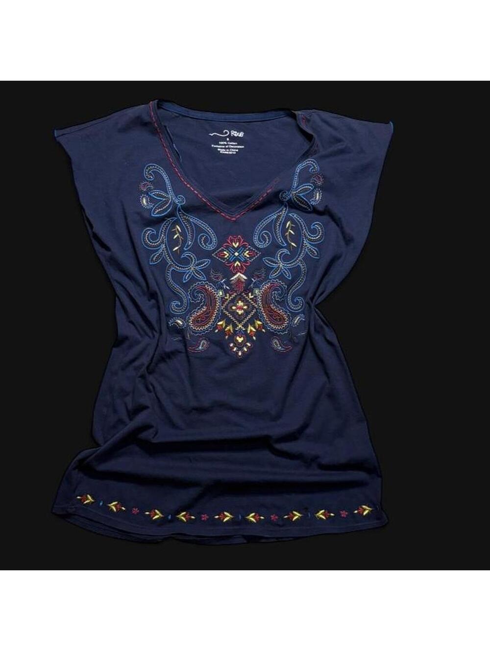 Vintage Y2K 2000s Navy blue cotton top with embroidered paisley and geometric